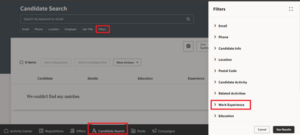 Oracle Redwood Experience: New and Improved Filters on Candidate List Pages - Fig 6: Candidate Search Enabled with Work Experience option under filters