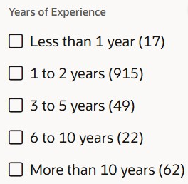 Oracle Redwood Experience: New and Improved Filters on Candidate List Pages - Fig 8: Years of Experience choices